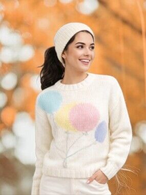 Vtg. Pastel Chunky Sweater Pink/Mint Balloons  White Crewneck Cottagecore Sz S